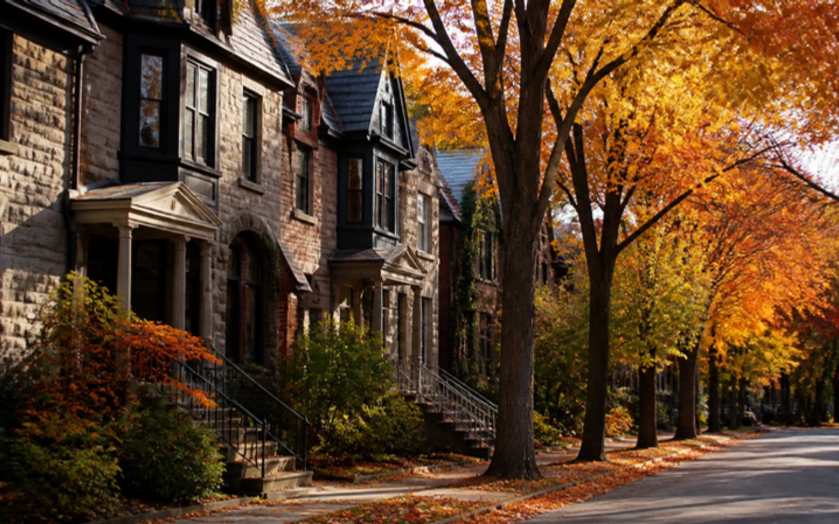 Rue résidentielle bordée d'arbres à l'automne dans l'ouest de Montréal, maisons jumelées en pierre et en brique à fenêtres en baie — illustration générée par IA