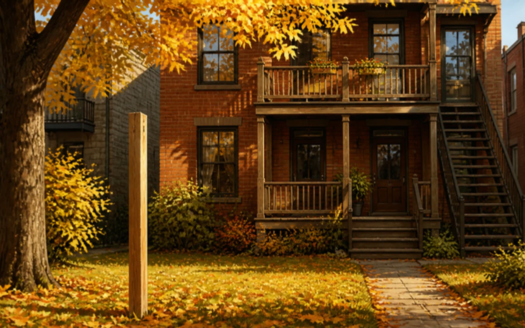 Maison de brique à balcon de bois et escalier extérieur en automne, feuilles dorées sur la pelouse et poteau de bois sans pancarte — illustration générée par IA