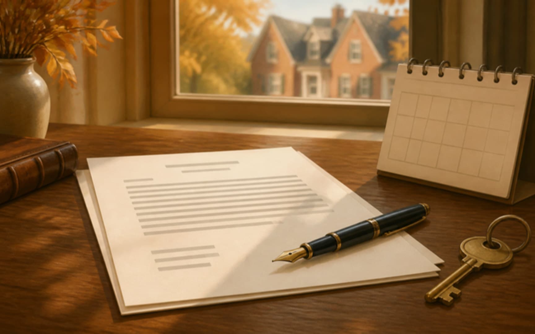 Bureau de bois avec un contrat sans texte lisible, un stylo plume, une clé et un calendrier, devant une fenêtre donnant sur une maison de brique en automne — illustration générée par IA
