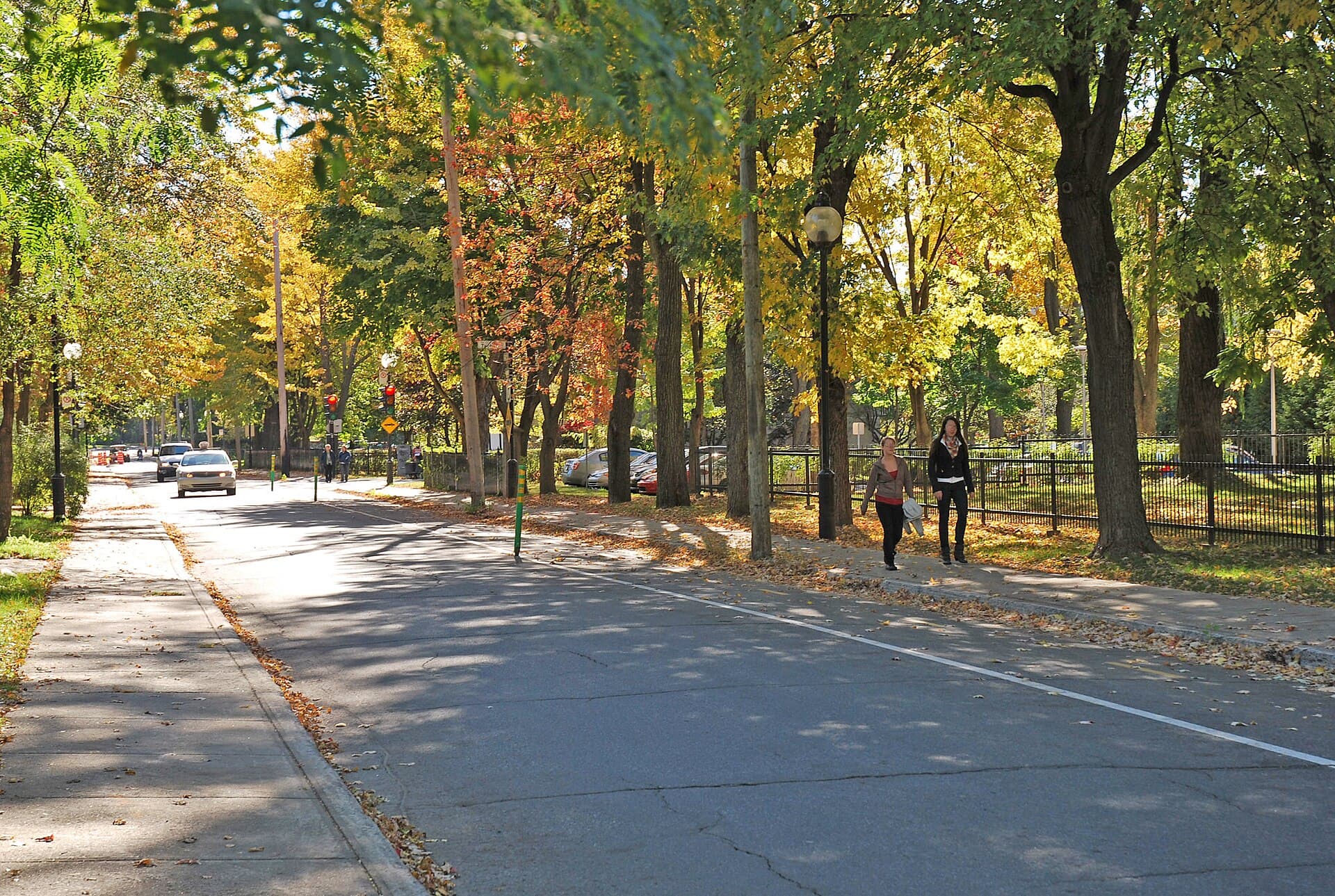 Rue résidentielle bordée d'arbres à l'automne, à Ahuntsic–Cartierville