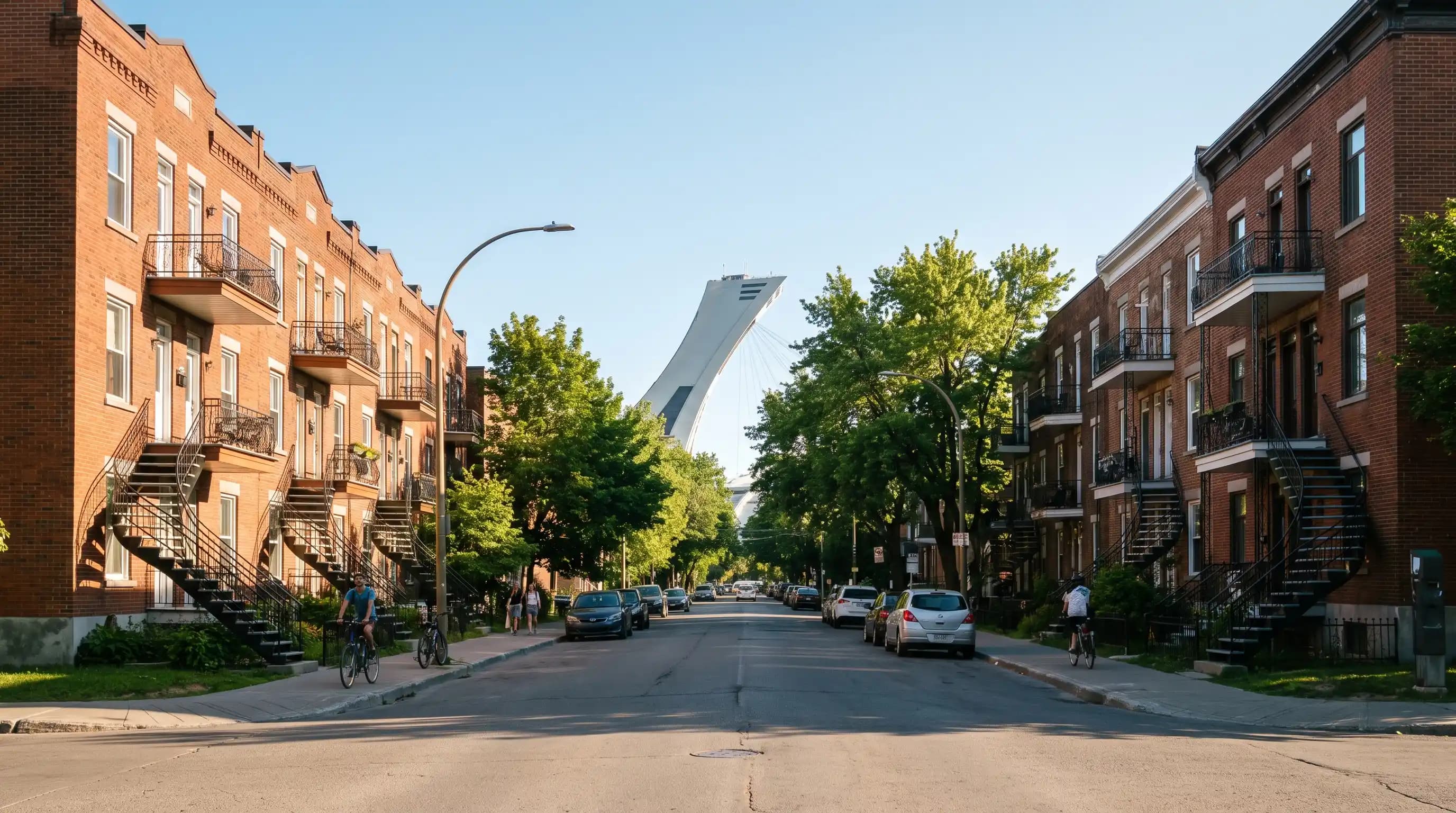 Rue résidentielle bordée de triplex en brique avec vue sur le Stade olympique, dans Mercier–Hochelaga–Maisonneuve
